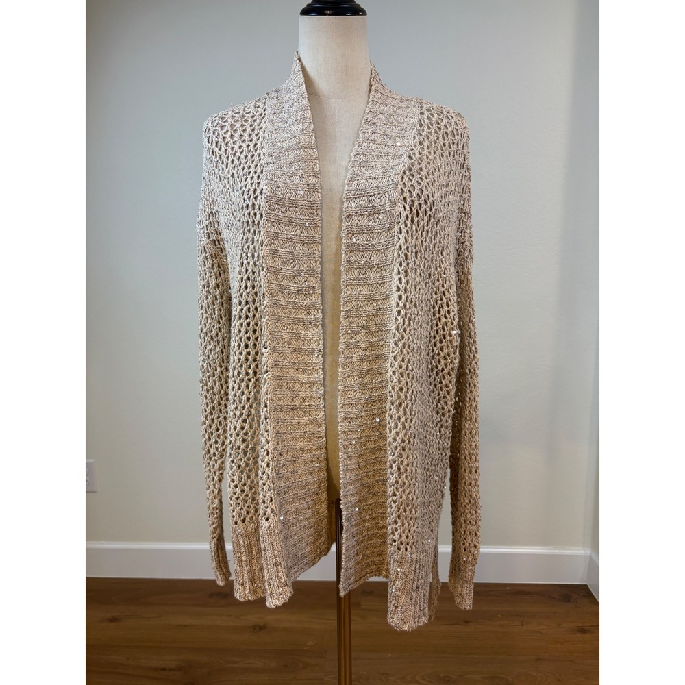 Womens Duster Cardigan Large Gold Sequin Open Knit Crochet Boho Layer Cottage